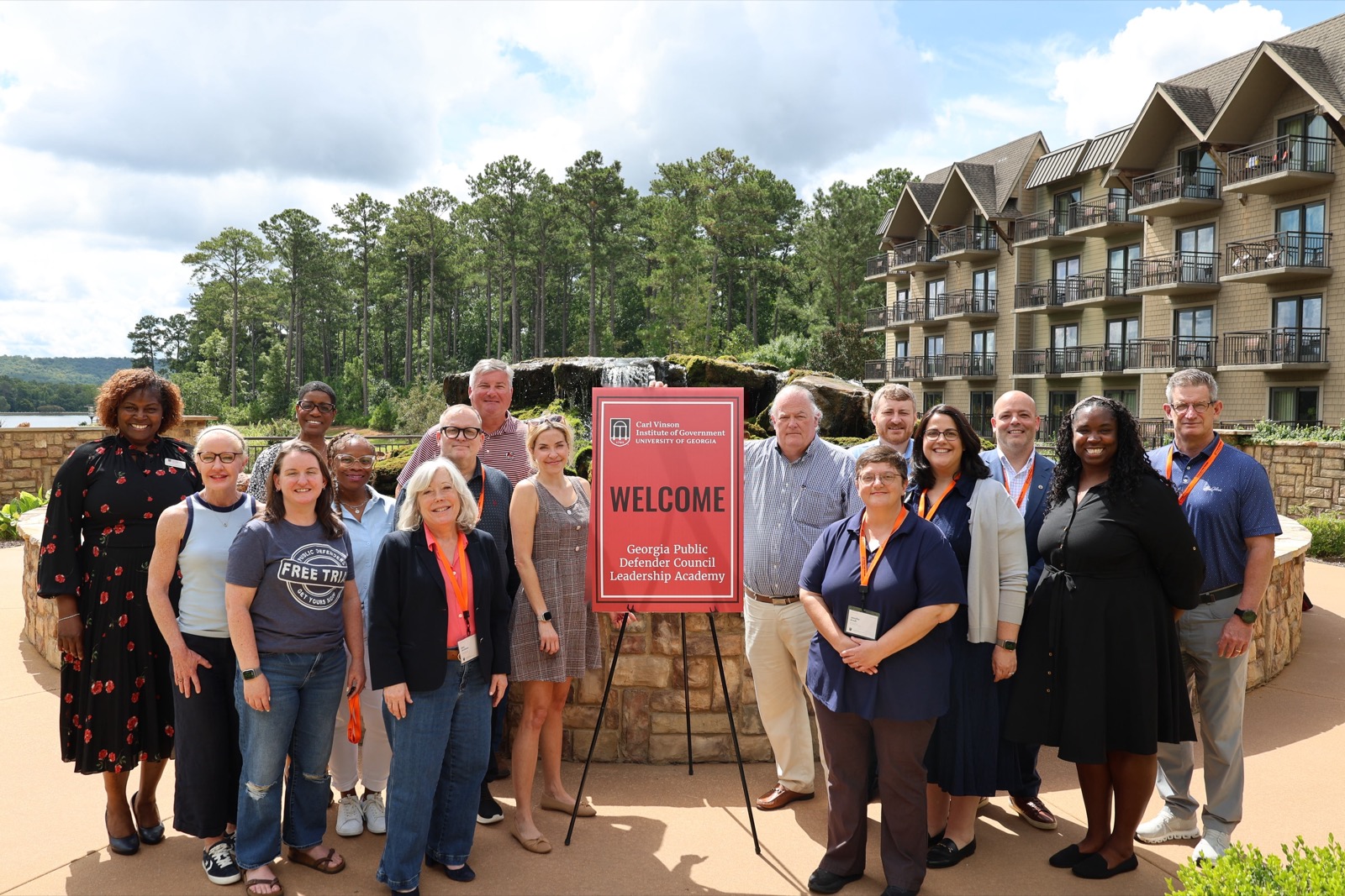 The Leadership Academy Class of 2026–2027 with instructors from the Carl Vinson Institute of Government, gathered beside a Welcome sign in Pine Mountain, Georgia.